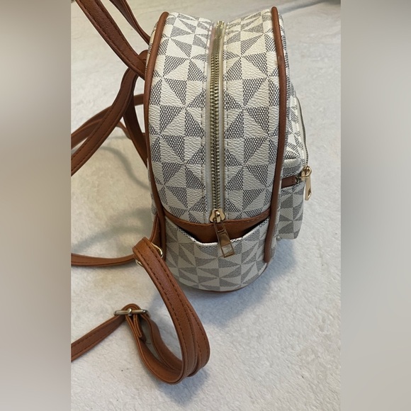 Geometric Patterned Mini Backpack with Brown Accents - Picture 10 of 11